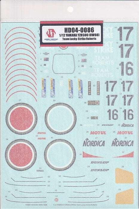 Hobby Design HD04-0086 1/12 Yamaha YZR500 (OW98) Team Lucky Strike Decals