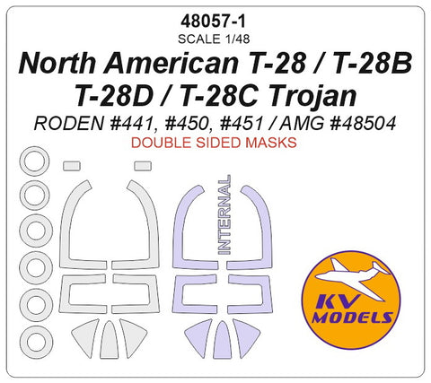 KV Models 48057-1 1/48 North American T-28 / T-28B / T-28D / T-28C Trojan (RODEN #441, #450, #451 / AMG #48504) - Double sided + wheels masks (For RODEN / AMG)