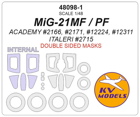 KV Models 48098-1 1/48 MiG-21MF / PF (ACADEMY #2166, #2171, #12224, #12311 / ITALERI #2715) - (Double sided) + masks for wheels (For ACADEMY / ITALERI)