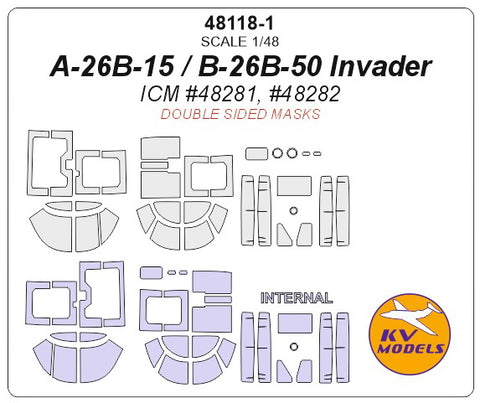 KV Models 48118-1 1/48 A-26B-15 / B-26K / A-26В / B-26B-50 Invader (ICM #48279, #48281, #48282, #48285) - (Double sided) + wheels masks (For ICM)
