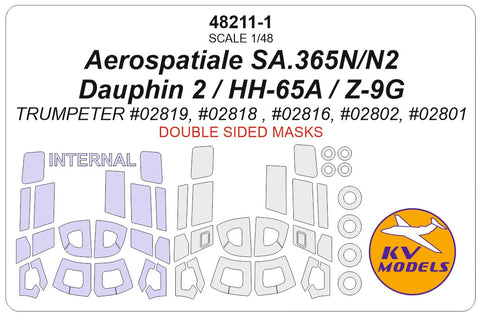 KV Models 48211-1 1/48  Aerospatiale SA.365N Dauphin 2 / US HH-65A / Z-9G Armed / SA365N / AS365N2 (TRUMPETER #02819, #02818 , #02816, #02802, #02801) - (Double-sided) + wheels masks (For TRUMPETER)