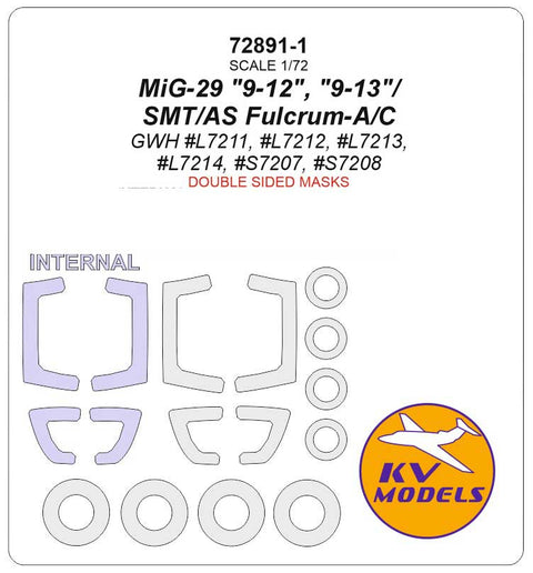 KV Models 72891-1 1/72 MiG-29 "9-12", "9-13"/SMT/AS Fulcrum-A/C (GWH #L7211, #L7212, #L7213, #L7214, #S7207, #S7208) - (Double-sided) + wheels masks (For GWH) - yahoo