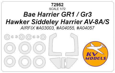 KV Models 72952 1/72 Bae Harrier GR1 / GR3 / Hawker Siddeley Harrier AV-8A/S (AIRFIX #A03003, #A04055, #A04057) + wheels masks (For AIRFIX)
