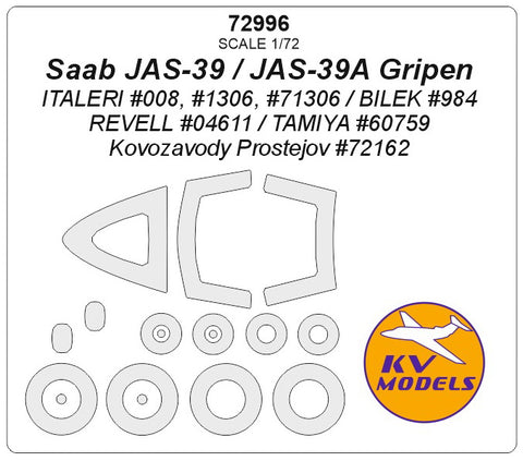 KV Models 72996 1/72  Saab JAS-39 / JAS-39A Gripen (ITALERI #008, #1306, #71306 / REVELL #04611 / TAMIYA #60759 / BILEK #984 / Kovozavody Prostejov #72162) + masks for wheels (For ITALERI / Revell / TAMIYA / Kovozavody Prostejov / BILEK)