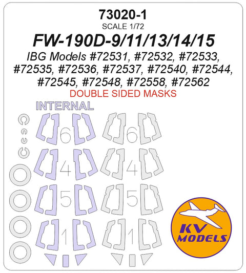 KV Models 73020-1 1/72 FW-190D-9/11/13/14/15 (IBG Models #72531, #72532, #72533, #72535, #72536, #72537, #72540, #72544, #72545, #72548, #72558, #72562) - (Double-sided) + wheels masks (For IBG Models)