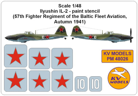 KV Models PM48026 1/48 Ilyushin IL-2 - paint stencil
(57th Fighter Regiment of the Baltic Fleet Aviation, Autumn 1941) (For ZVEZDA)