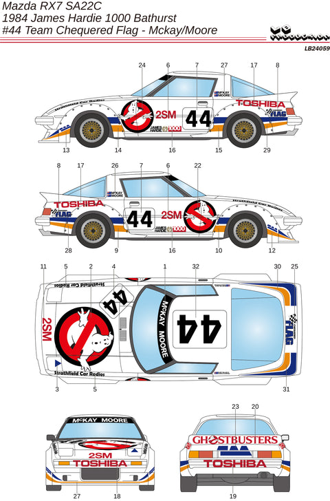 LB Production 24059 1/24 Mazda RX7 SA22C #44 Team Chequered Flag – Mckay/Moore – James Hardie 1000 Bathurst 1984