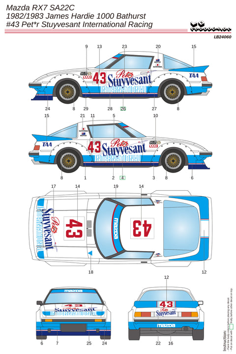 LB Production 24060 1/24 Mazda RX7 SA22C #43 Pet*r Stuyvesant International Racing - James Hardie 1000 Bathurst 1982/1983