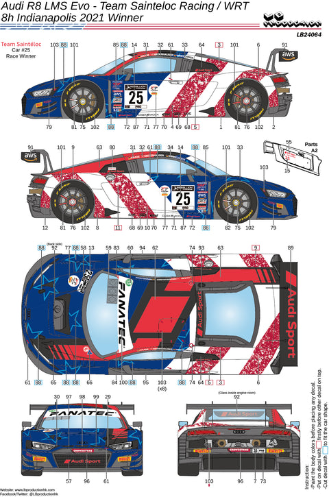 LB Production 24064 1/24 Audi R8 LMS Evo Team Sainteloc Racing/WRT – 8H Indianapolis 2021 Winner