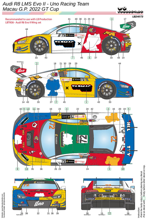 LB Production 24073 1/24 Audi R8 LMS Evo II - Uno Racing Team Macau G.P. 2022 GT Cup