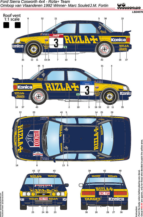 LB Production 24076 1/24 Ford Sierra Cosworth 4x4 - Rizla+ Team - Omloop van Vlaanderen 1992 Winner- Marc Soulet/J.M. Fortin