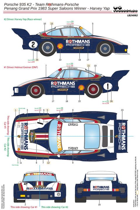 LB Production 24082 1/24 Porsche 935 K2 - Team Rothmans-Porsche Penang Grand Prix 1983 Super Saloons Winner - Harvey Yap