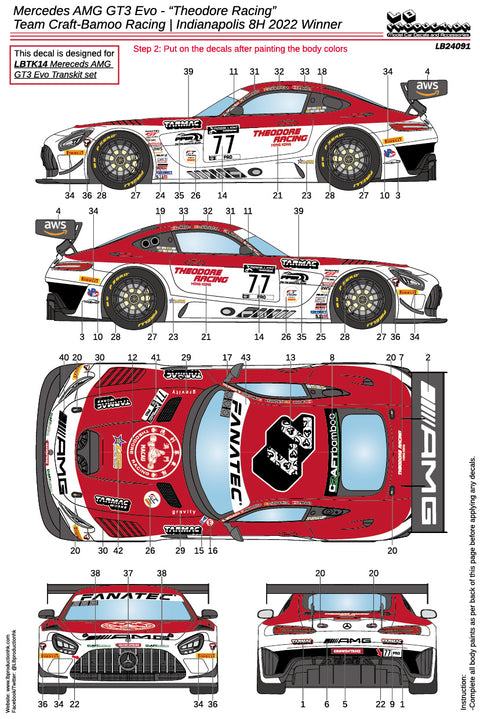 LB Production 24091 1/24 Mercedes AMG GT3 Evo "Theodore Racing" Team Craft-Bamboo Racing - Indianapolis 8H 2022 Winnder