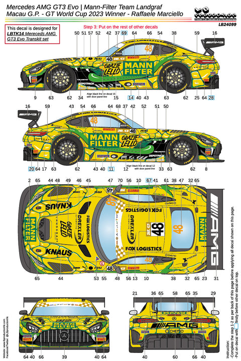 LB Production 24099 1/24 Mercedes AMG GT3 Evo | Mann-Filter Team Landgraf Macau G.P. - GT World Cup 2023 Winner - Raffaele Marciello
