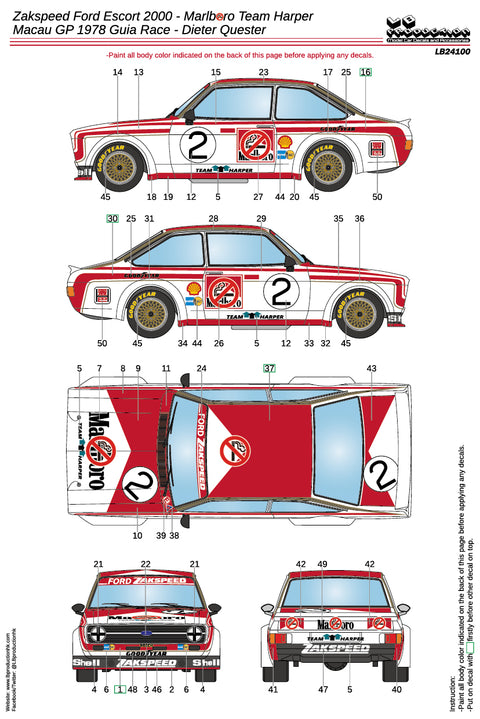 LB Production 24100 1/24 Zakspeed Ford Escort 2000 - Marlboro Team Harper - Macau GP 1978 Guia Race - Rieter Quester
