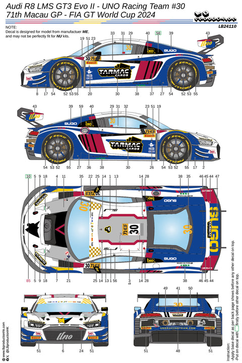LB Production 24110 1/24 Audi R8 LMS GT3 Evo II - UNO Racing Team #10 - 71th Macau G.P GT World Cup 2024