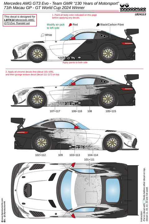 LB Production 24113 1/24 Mercedes AMG GT3 Evo - Team GMR “130 Years of Motorsport” 71th Macau GP - GT World Cup 2024 Winner