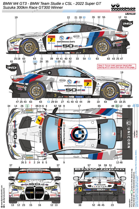 LB Production 24116 1/24 BMW M4 GT3 - BMW Team Studie X CSL - 2022 Super GT - Suzuka 300km Race GT300 winner