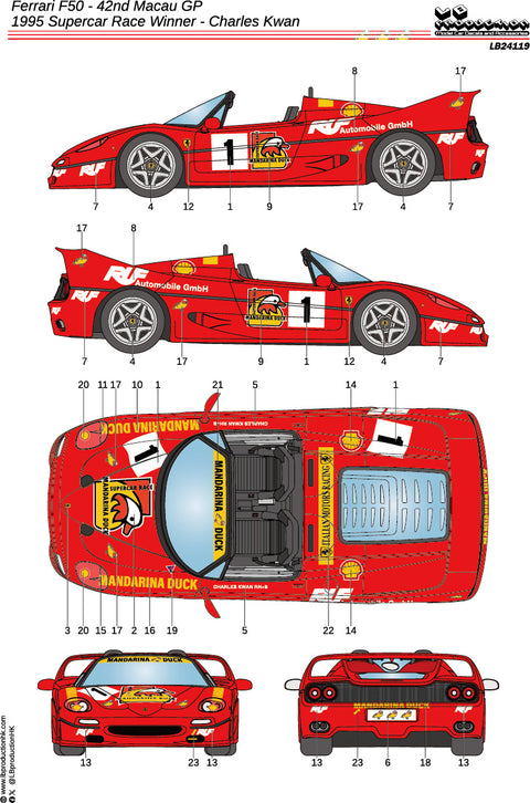 LB Production 24119 1/24 Ferrari F50 - 42nd Macau GP - 1995 Supercar Race Winner - Charles Kwan