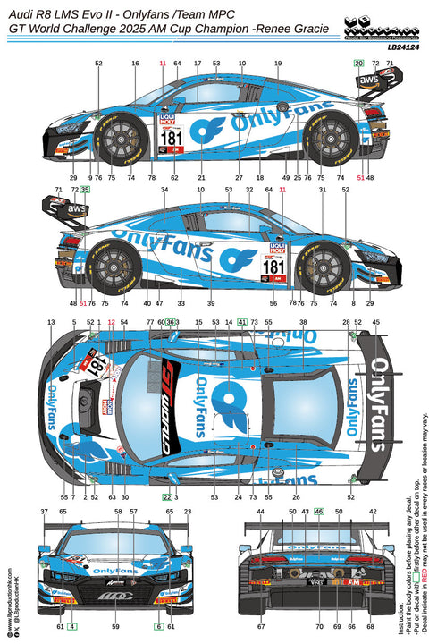 LB Production 24124 1/24 Audi R8 LMS Evo II - Onlyfans /Team MPC - GT World Challenge 2025 AM Cup Champion -Renee Gracie