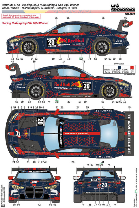 LB Production 24125 1/24 BMW M4 GT3 - iRacing 2024 Nurburgring & Spa 24H Winner - Team Redline - M.Verstappen/ C.Lulham/ F.Lebigre/ D.Pinto
