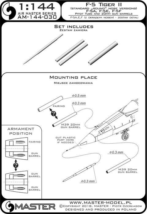 MASTER AM-144-030 1/144 F-5 Tiger II "Freedom Fighter" (standard nose versions) - F-5A, E, F - Pitot Tube and 20mm gun barrels