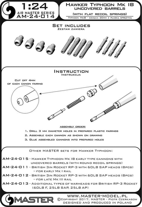 MASTER AM-24-014 1/24 Hawker Typhoon Mk IB early type cannons with uncovered barrels (with flat recoil springs)
