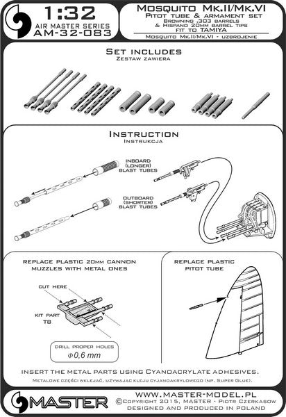 MASTER AM-32-083 1/32 De Havilland Mosquito NF Mk.II / FB Mk.VI - Pitot tube & armament set (Browning .303 barrels and Hispano 20mm barrel tips)