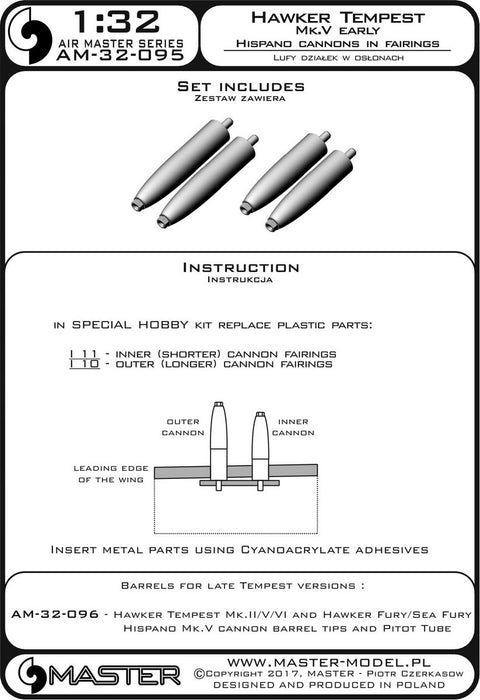 MASTER AM-32-095 1/32 Hawker Tempest Mk.V early - Hispano 20mm cannon barrels in fairings
