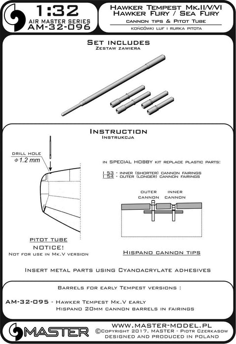 MASTER AM-32-096 1/32 Hawker Tempest Mk.II/V/VI and Hawker Fury/Sea Fury - Hispano Mk.V cannon barrel tips and Pitot Tube