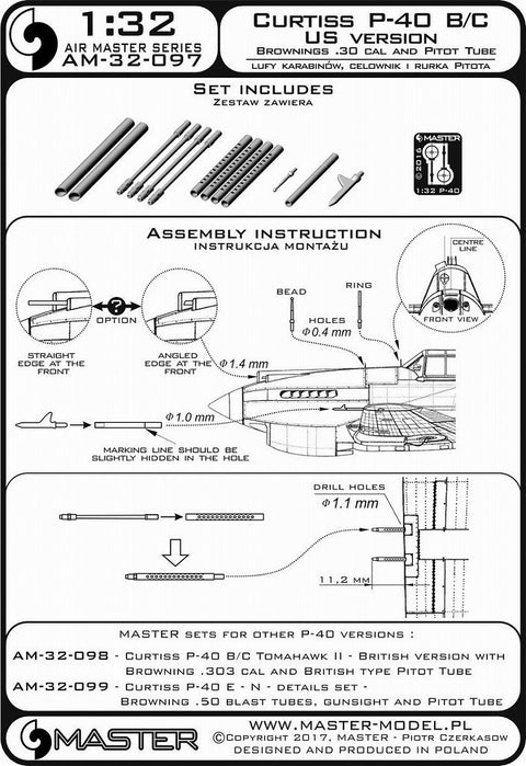 MASTER AM-32-097 1/32 Curtiss P-40 B/C - US version - Browning .30 cal and US type Pitot Tube