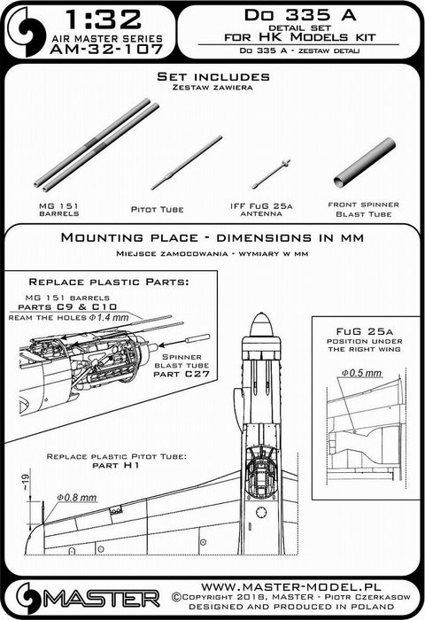 MASTER AM-32-107 1/32 Do 335 A - detail set - MG 151, FuG 25a antenna, Pitot Tube (for HK Models)