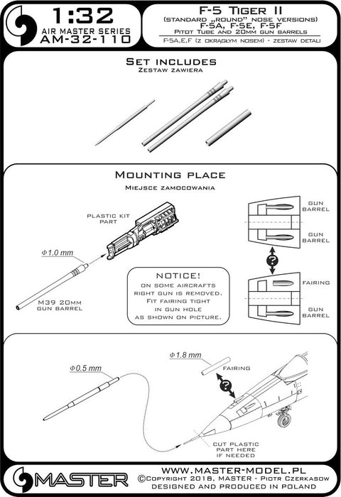 MASTER AM-32-110 1/32 F-5 Tiger II "Freedom Fighter" (standard nose versions) - F-5A, E, F - Pitot Tube and 20mm gun barrels