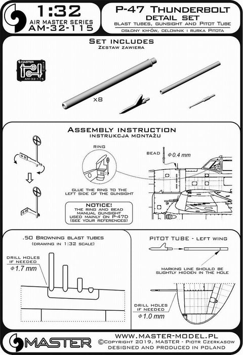 MASTER AM-32-115 1/32 P-47 Thunderbolt - details set - Browning .50 blast tubes, gunsight and Pitot Tube