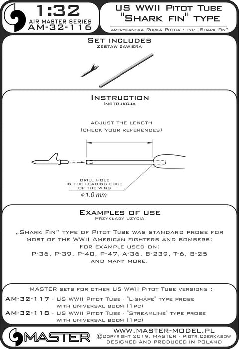 MASTER AM-32-116 1/32 US WWII Pitot Tube - "Shark-fin" type probe (1 pc) - used on P-36, P-39, P-40, P-47, A-36, B-239, T-6, B-25 and many more