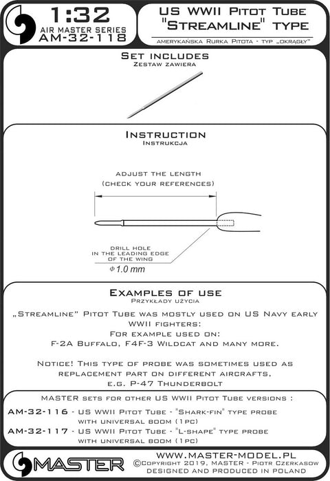 MASTER AM-32-118 1/32 US WWII Pitot Tube - "Streamline" type probe (1 pc) - mainly used on US Navy early aircrafts (e.g. F-2A Buffalo, F4F-3 Wildcat)