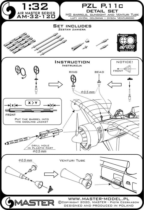 MASTER AM-32-120 1/32 PZL P.11c  - details set - wz. 33 machine gun barrels, gunsight and Venturi Tube (for IBG model)