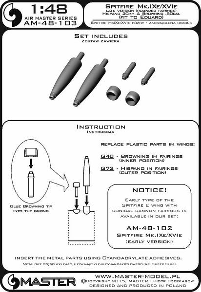 MASTER AM-48-103 1/48 Spitfire Mk.IXe/XVIe late version (rounded fairings) - Hispano 20mm & Browning .50cal in fairings (fit to Eduard)