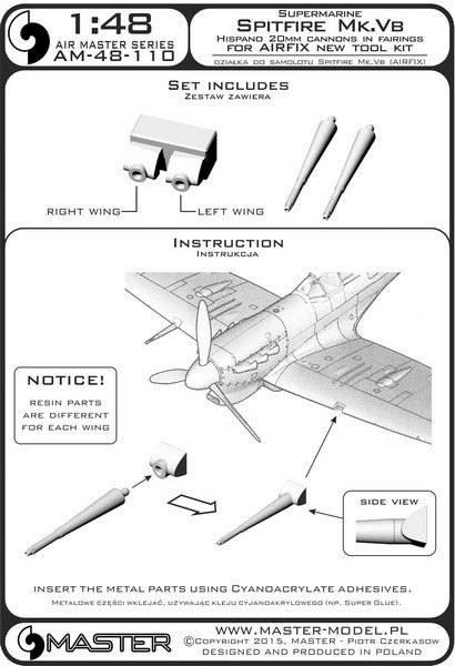MASTER AM-48-110 1/48 Supermarine Spitfire Mk.Vb - Hispano 20mm cannons in fairings with resin fitting (fit to Airfix new tool kit)