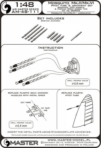 MASTER AM-48-111 1/48 De Havilland Mosquito NF Mk.II / FB Mk.VI - Pitot tube & armament set (Browning .303 barrels and Hispano 20mm barrel tips)
