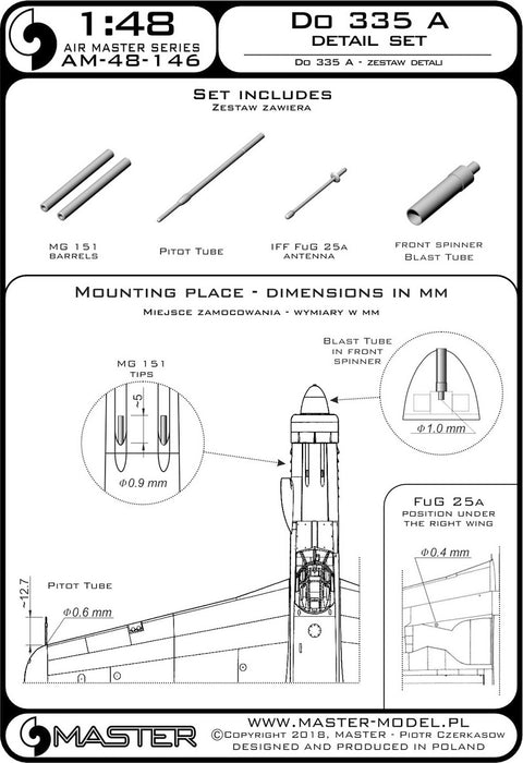 MASTER AM-48-146 1/48 Do 335 A - detail set - MG 151, FuG 25a antenna, Pitot Tube