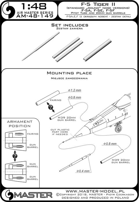MASTER AM-48-149 1/48 F-5 Tiger II "Freedom Fighter" (standard nose versions) - F-5A, E, F - Pitot Tube and 20mm gun barrels