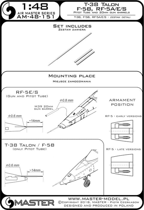 MASTER AM-48-151 1/48 T-38 Talon / F-5B / RF-5A, E, S - Pitot Tube and 20mm gun barrels