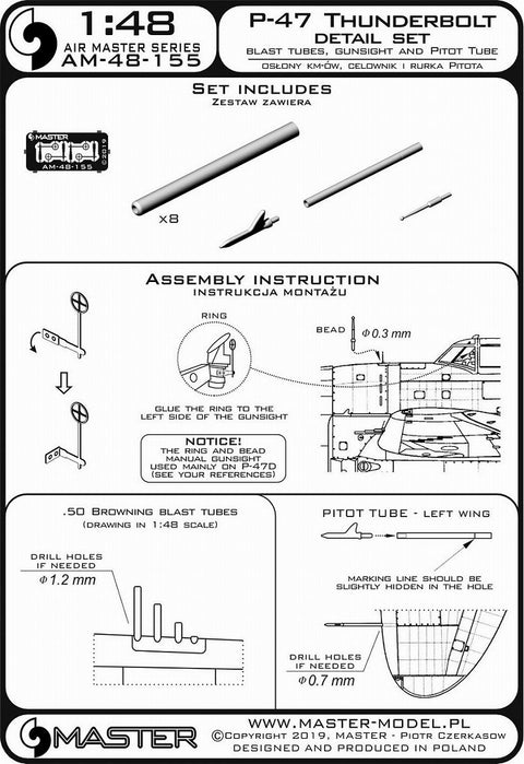 MASTER AM-48-155 1/48 P-47 Thunderbolt - details set - Browning .50 blast tubes, gunsight and Pitot Tube