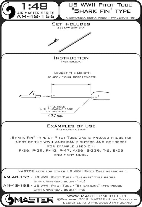 MASTER AM-48-156 1/48 US WWII Pitot Tube - "Shark-fin" type probe (1 pc) - used on P-36, P-39, P-40, P-47, A-36, B-239, T-6, B-25 and many more