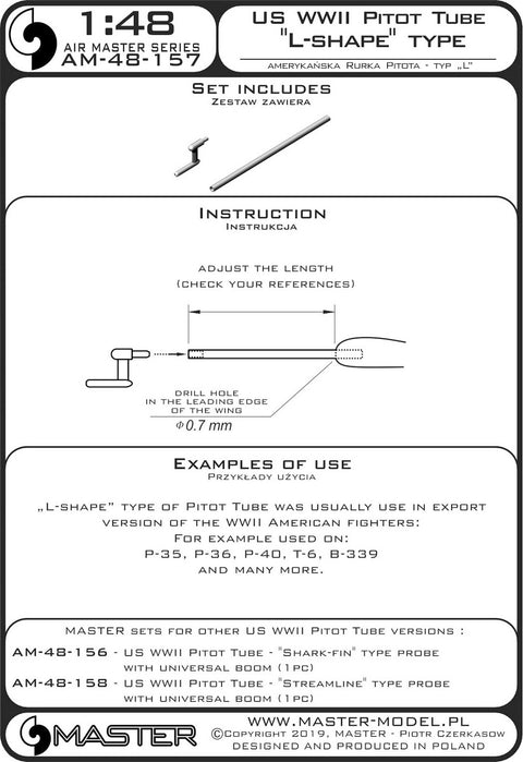 MASTER AM-48-157 1/48 US WWII Pitot Tube - "L shape" type probe (1 pc) - use on export versions of US aircrafts (e.g. P-35, P-36, P-40, T-6, B-339)