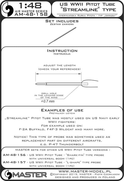 MASTER AM-48-158 1/48 US WWII Pitot Tube - "Streamline" type probe (1 pc) - mainly used on US Navy early aircrafts (e.g. F-2A Buffalo, F4F-3 Wildcat)