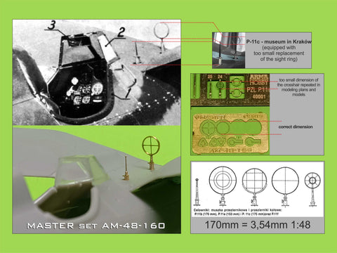 MASTER AM-48-160 1/48 PZL P11c  - details set - wz. 33 machine gun barrels, gunsight and Venturi Tube