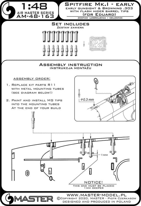 MASTER AM-48-163 1/48 Spitfire Mk.I early - Browning .303 with flash hider barrel tips and early gunsight (for Eduard)