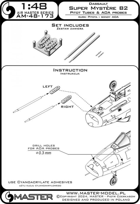 MASTER AM-48-173 1/48 Dassault Super Mystère B2 - Pitot Tubes (with resin mounts) & Angle Of Attack probes